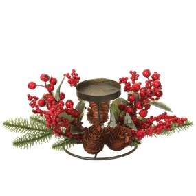 12" Wide Artificial Berry, Pinecone & Pine Candle Ring Holder w/Metal Base -Red (pack of 2)