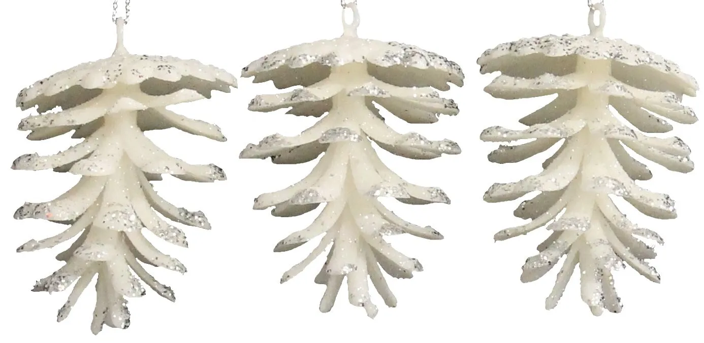 3-Pack/4-Pack of Glitter Pine Cone Ornaments (Silver/White)