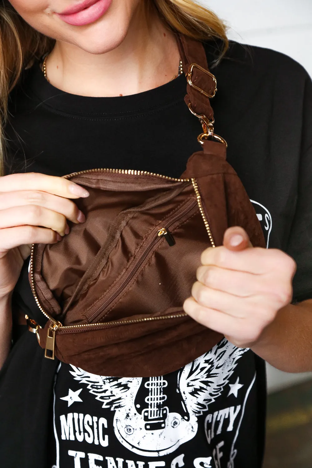 Brown Faux Suede Fringe Convertible Fanny/Sling Bag