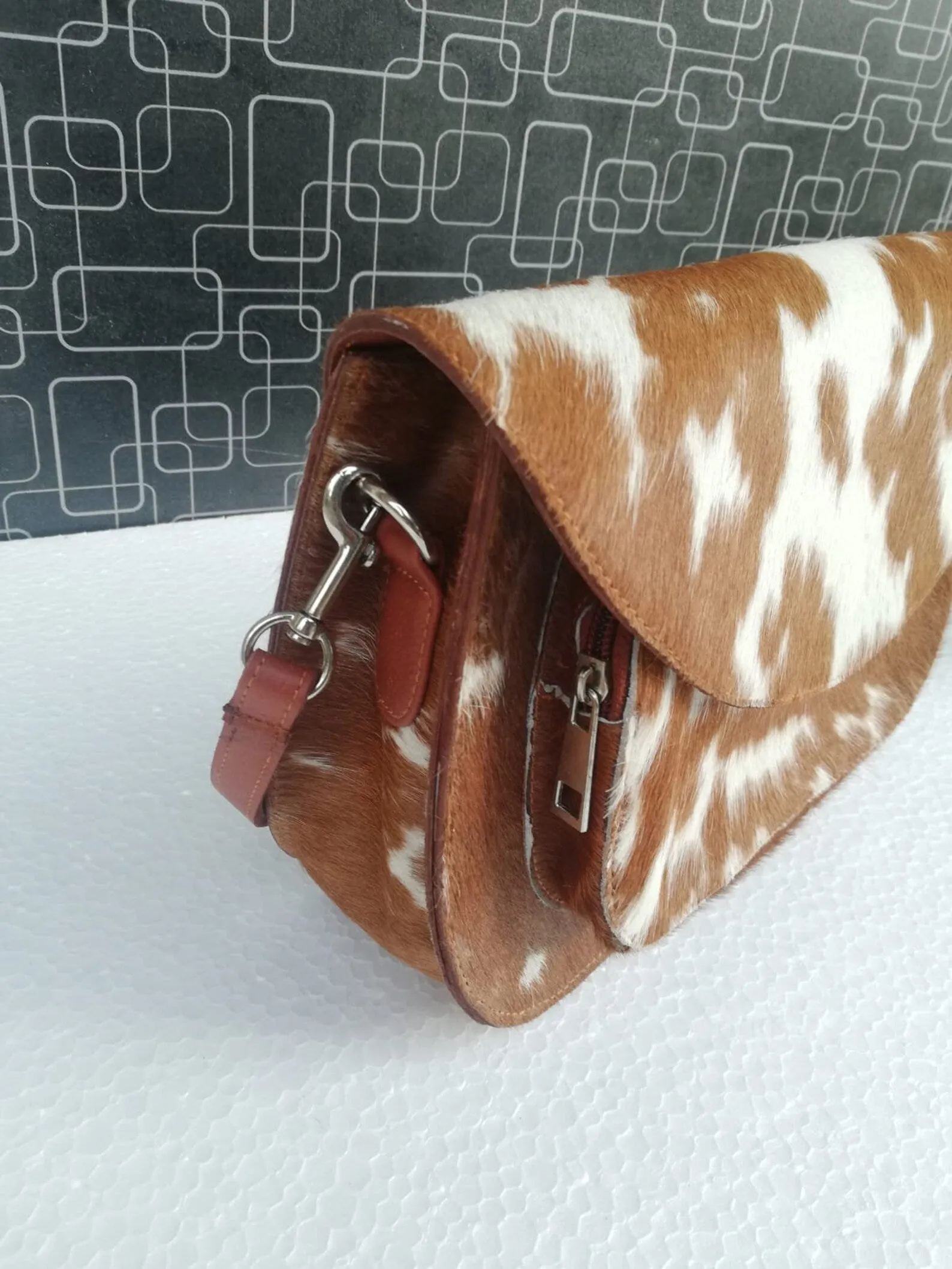 Brown White Cowhide Crossbody Handbag