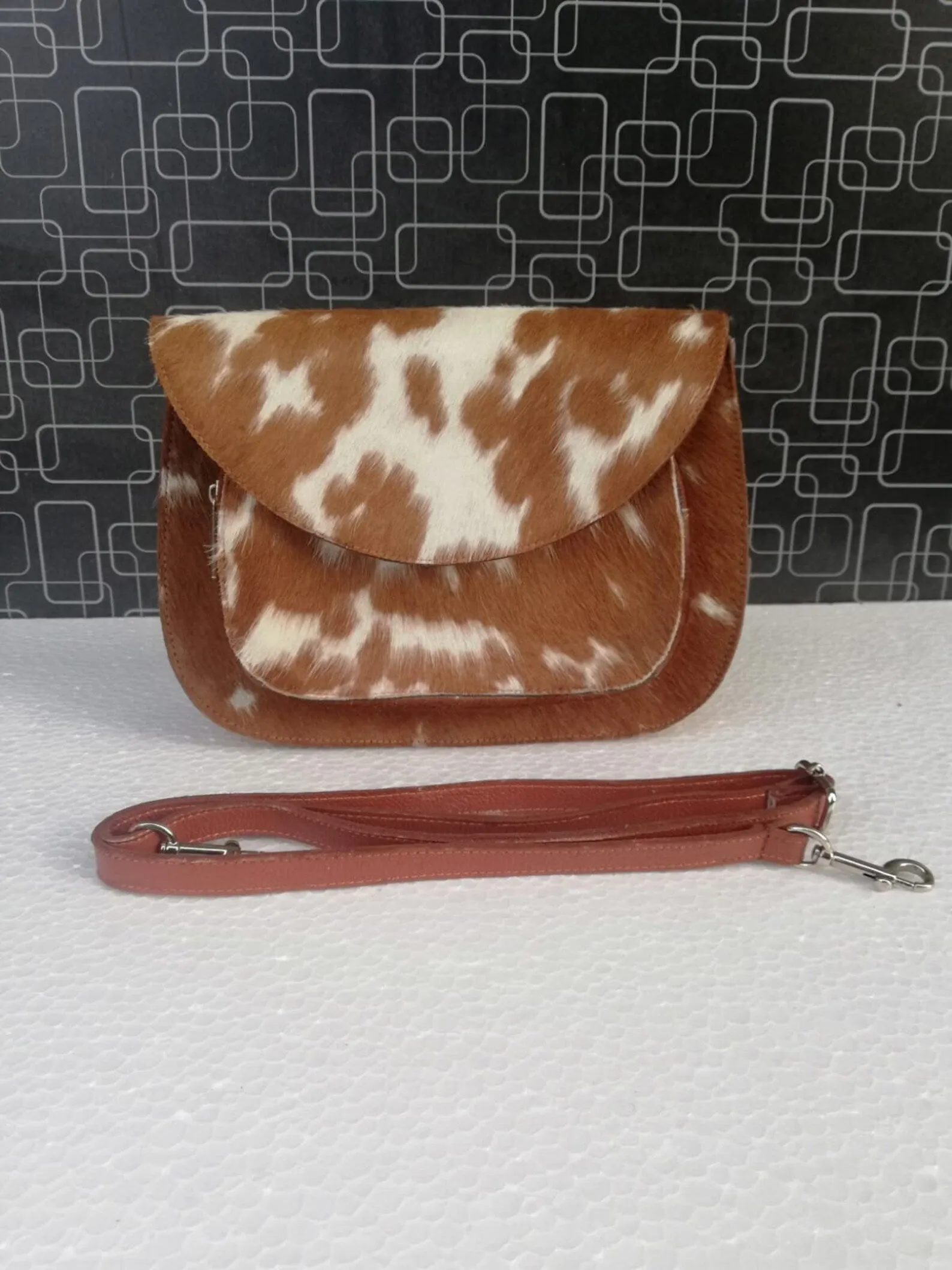 Brown White Cowhide Crossbody Handbag