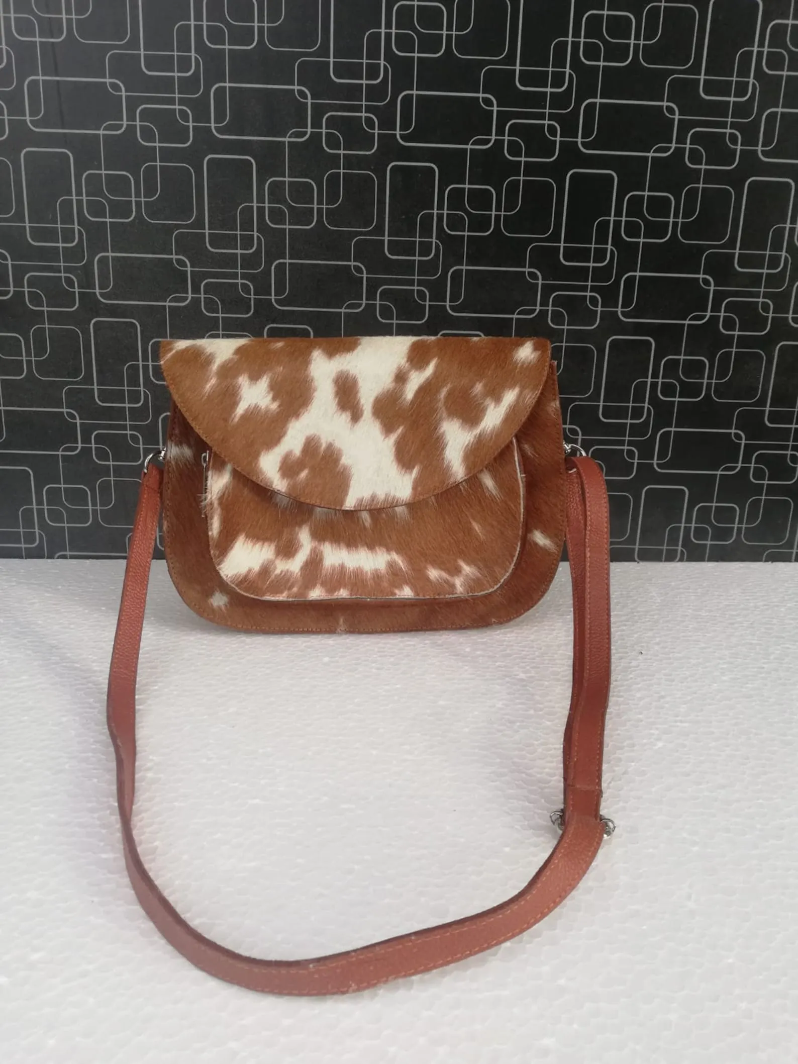 Brown White Cowhide Crossbody Handbag