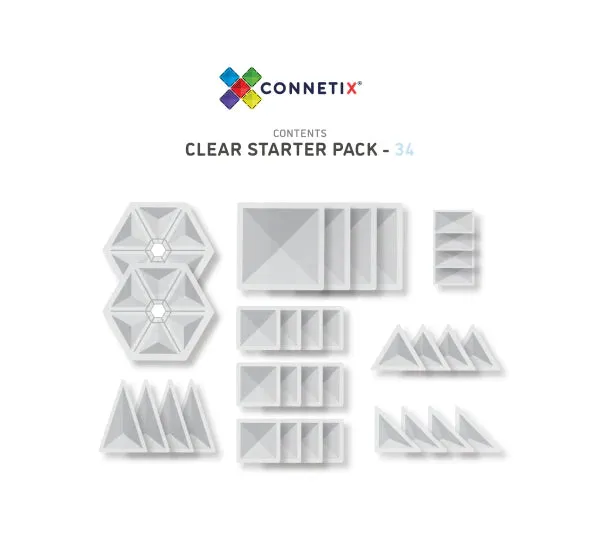 Connetix Tiles Magnetic Building Tiles Clear Starter Pack – 34 Piece Set