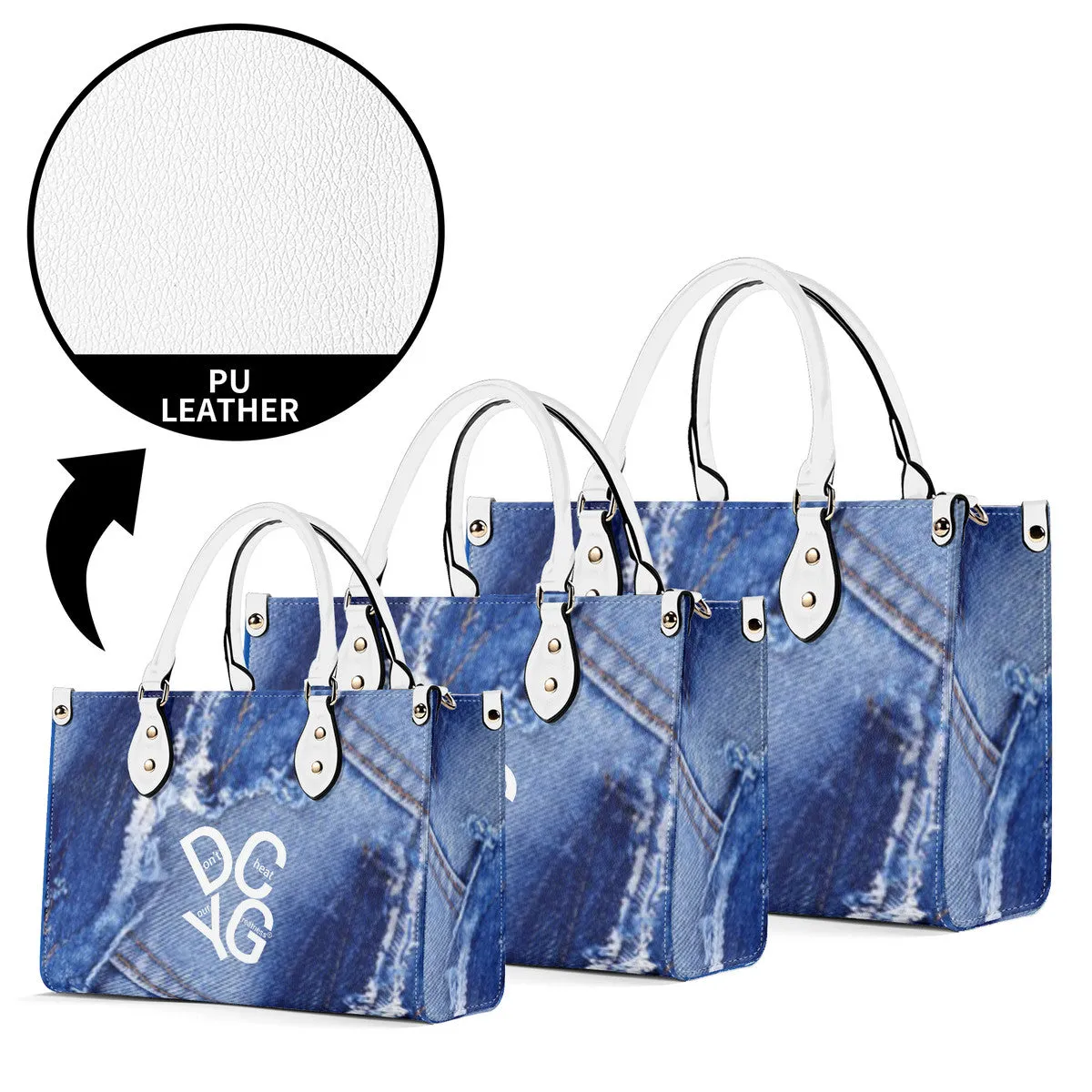 DRIP LO White Logo & Denim Multiple Sizes Upgraded Luxury Women PU Leather Handbag