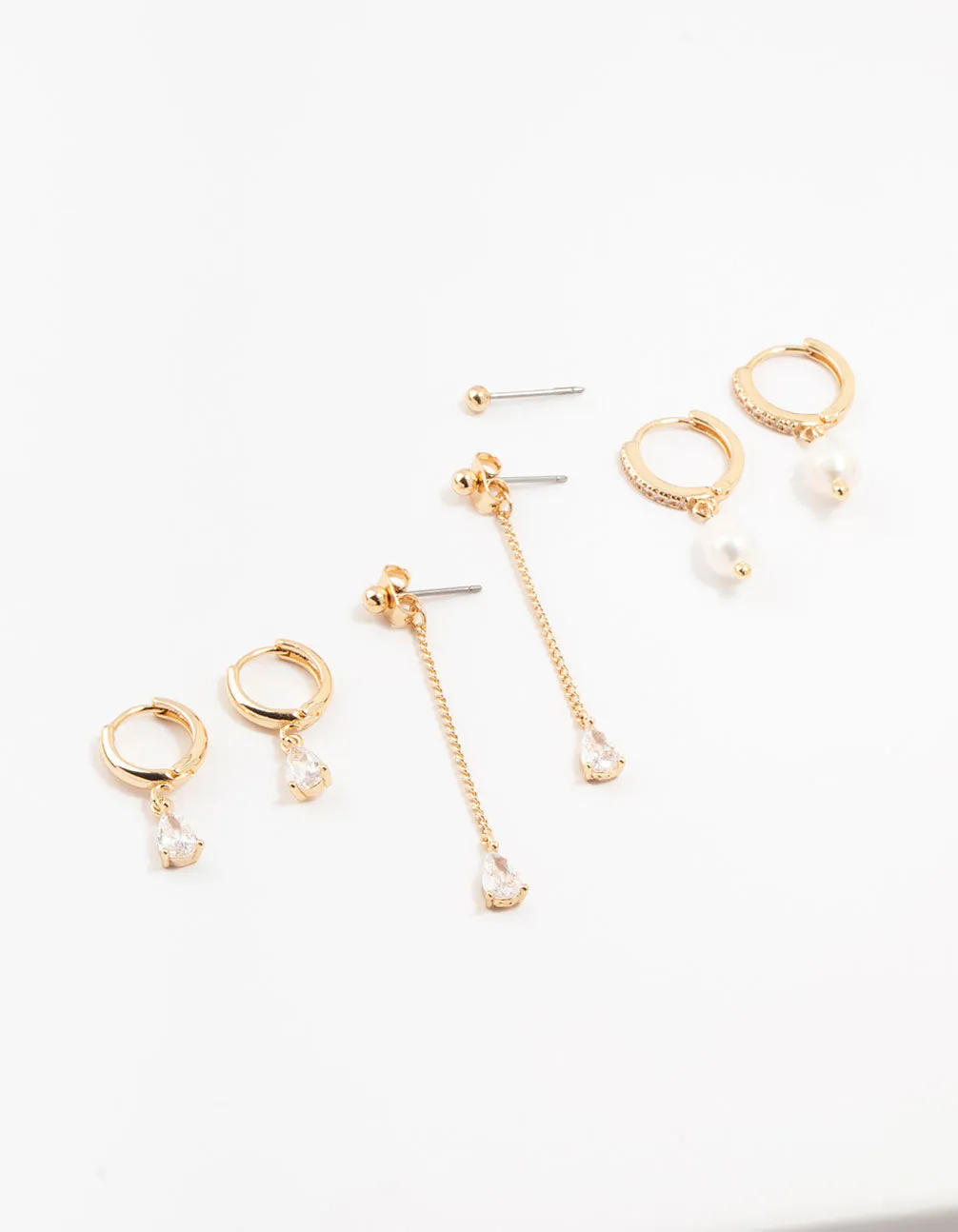 Gold Mixed Cubic Zirconia & Pearls Drop Earrings 3-Pack