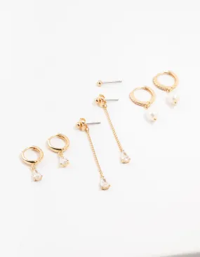 Gold Mixed Cubic Zirconia & Pearls Drop Earrings 3-Pack