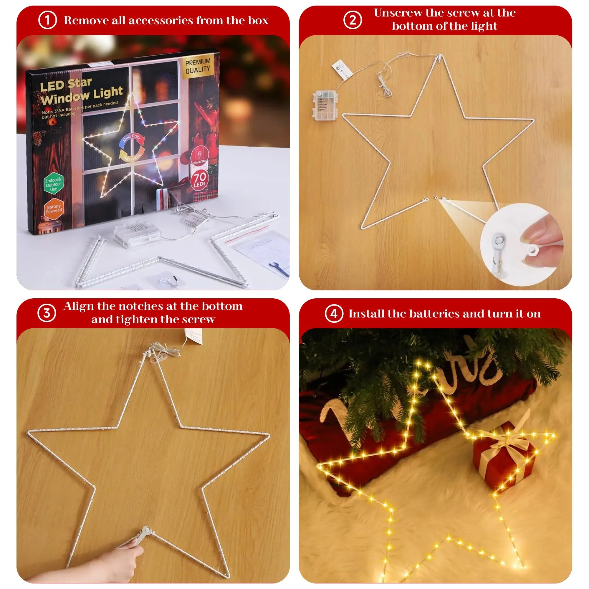 Quntis Christmas Window Lights with 2 Pack 19.6in Large Star, Battery Operated Christmas Curtain Lights with Timer &8 Mode, Foldable Star Lights for Indoor Outdoor Diwali Decorations,Warm White