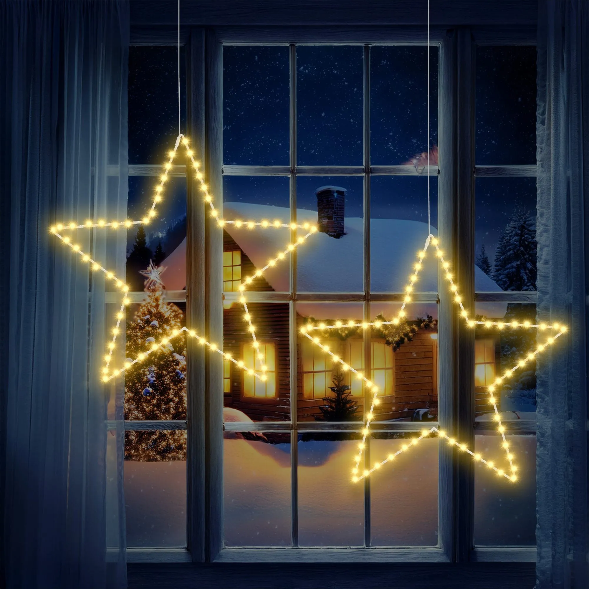 Quntis Christmas Window Lights with 2 Pack 19.6in Large Star, Battery Operated Christmas Curtain Lights with Timer &8 Mode, Foldable Star Lights for Indoor Outdoor Diwali Decorations,Warm White