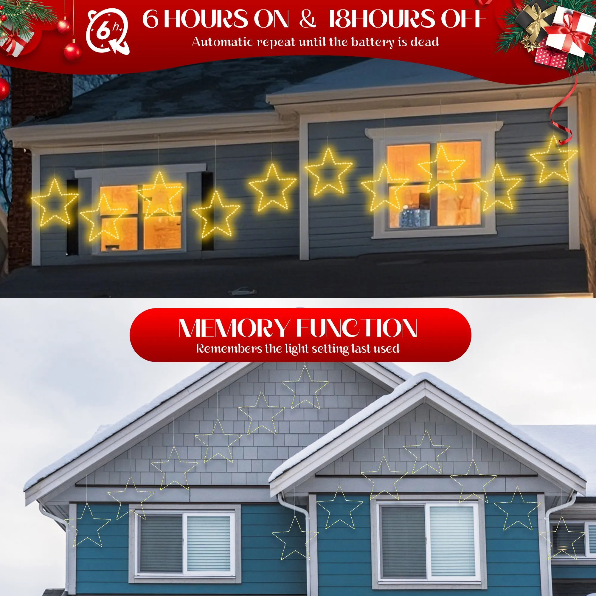 Quntis Christmas Window Lights with 2 Pack 19.6in Large Star, Battery Operated Christmas Curtain Lights with Timer &8 Mode, Foldable Star Lights for Indoor Outdoor Diwali Decorations,Warm White
