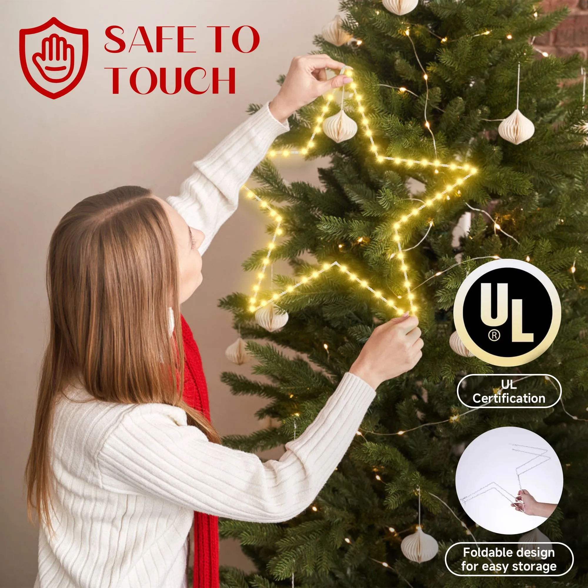 Quntis Christmas Window Lights with 2 Pack 19.6in Large Star, Battery Operated Christmas Curtain Lights with Timer &8 Mode, Foldable Star Lights for Indoor Outdoor Diwali Decorations,Warm White