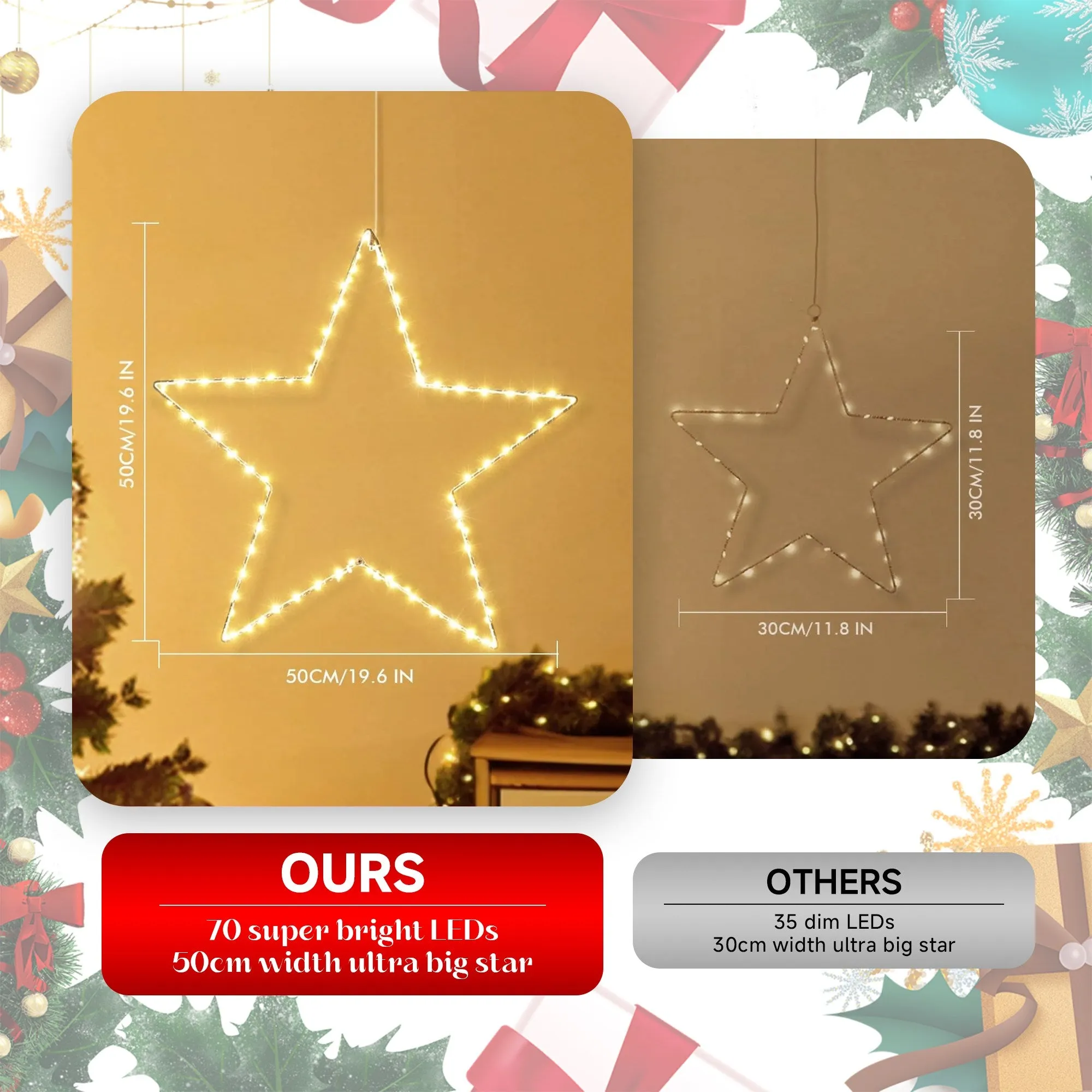 Quntis Christmas Window Lights with 2 Pack 19.6in Large Star, Battery Operated Christmas Curtain Lights with Timer &8 Mode, Foldable Star Lights for Indoor Outdoor Diwali Decorations,Warm White