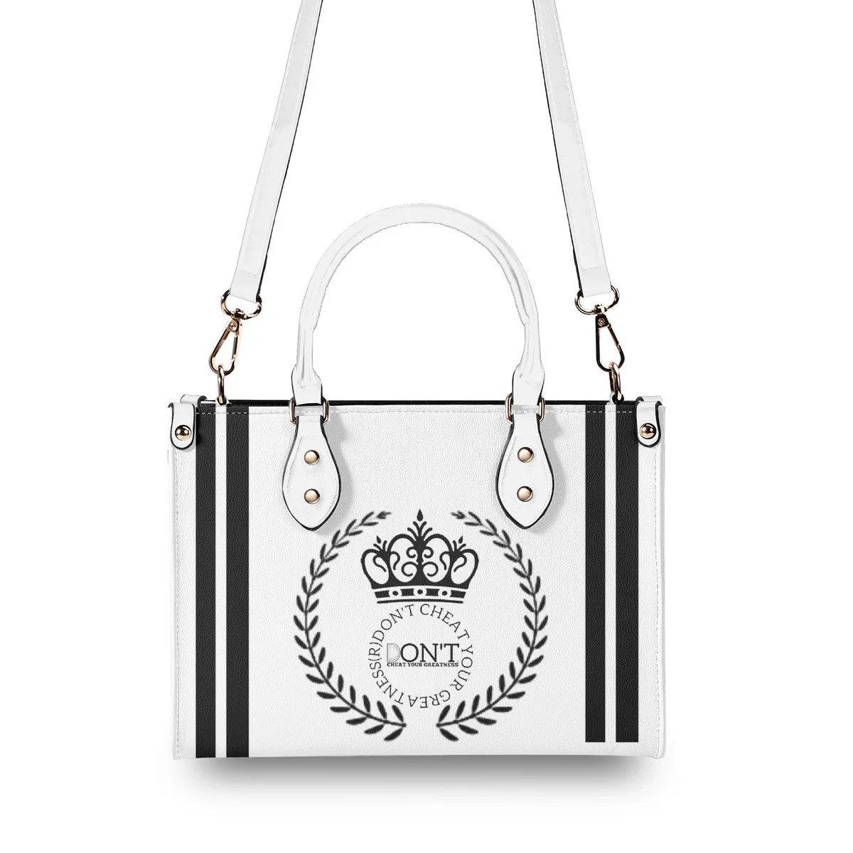 Royalty 24  Black Logo ,Stripes & White Multiple Sizes Upgraded Luxury Women PU Leather Handbag