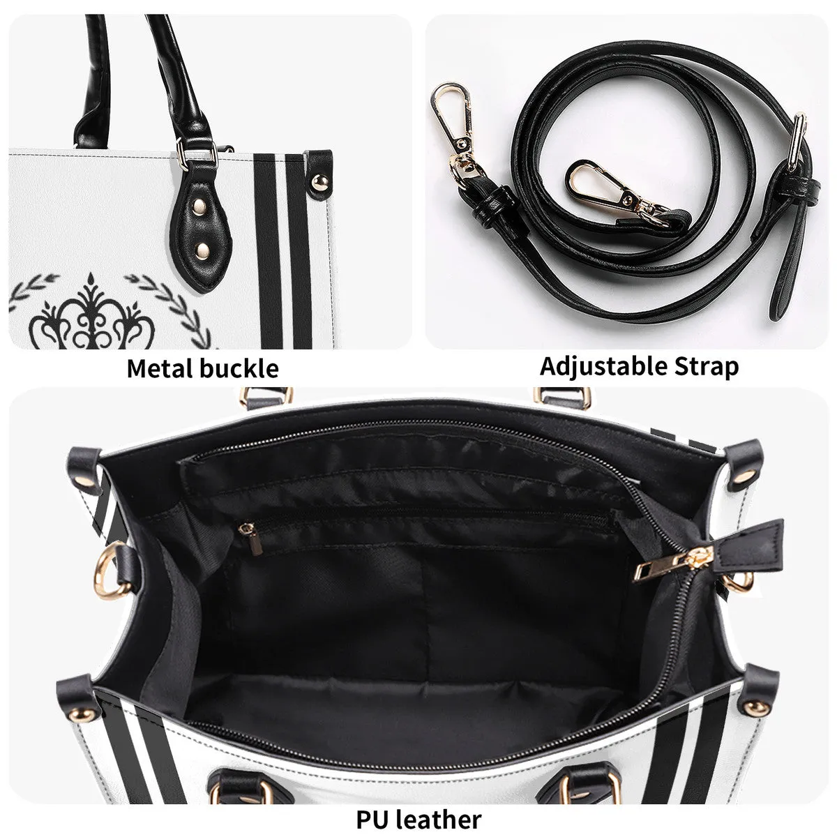 Royalty 24  Black Logo ,Stripes & White Multiple Sizes Upgraded Luxury Women PU Leather Handbag