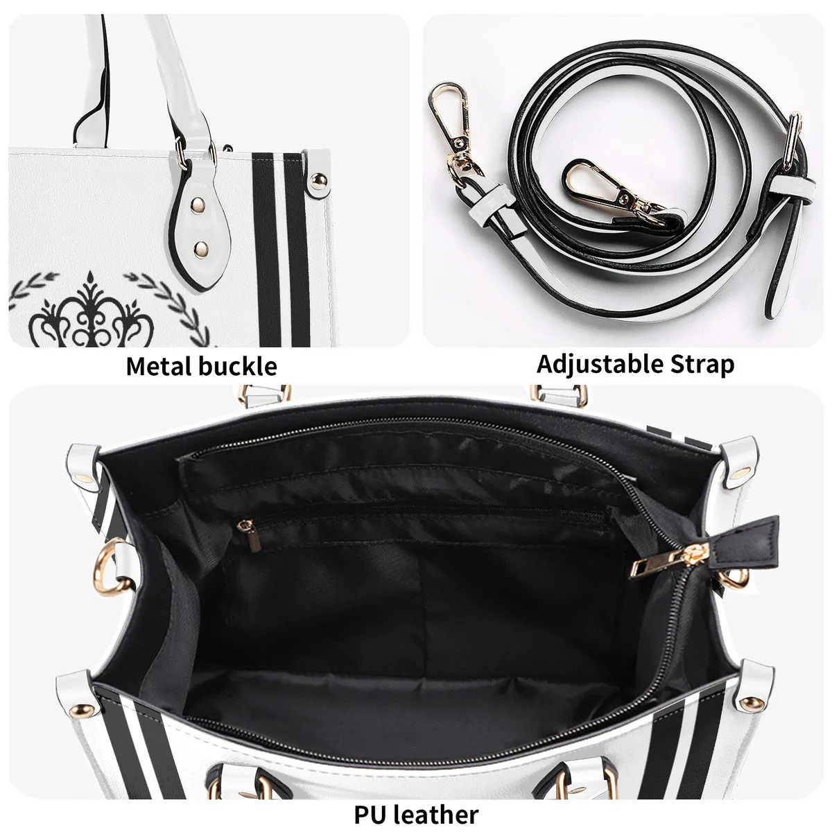 Royalty 24  Black Logo ,Stripes & White Multiple Sizes Upgraded Luxury Women PU Leather Handbag