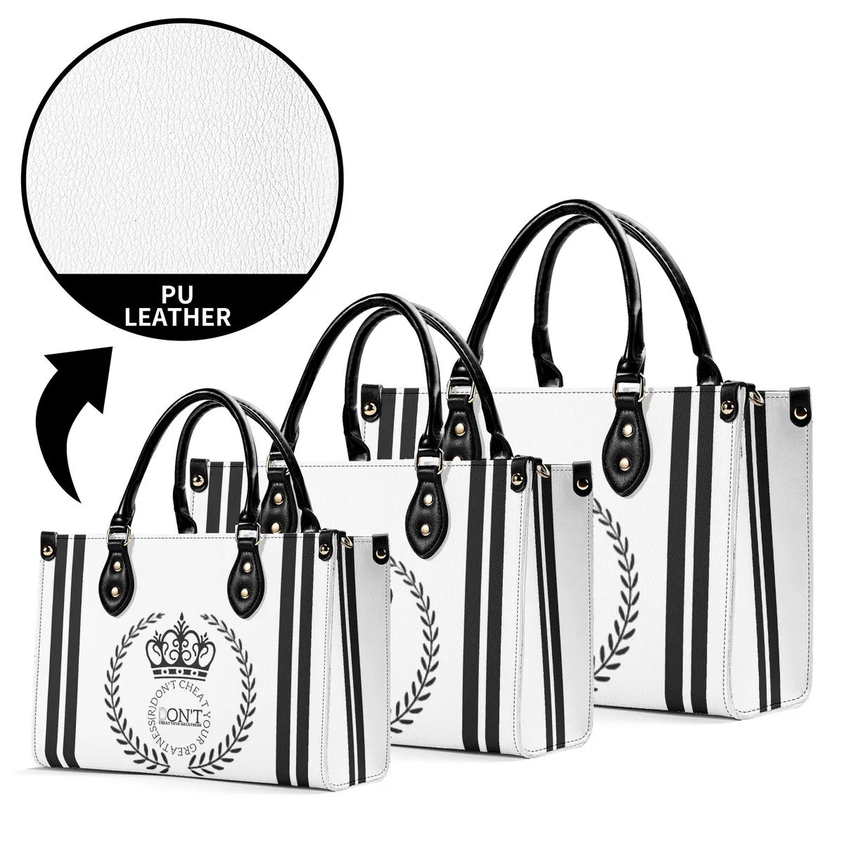 Royalty 24  Black Logo ,Stripes & White Multiple Sizes Upgraded Luxury Women PU Leather Handbag