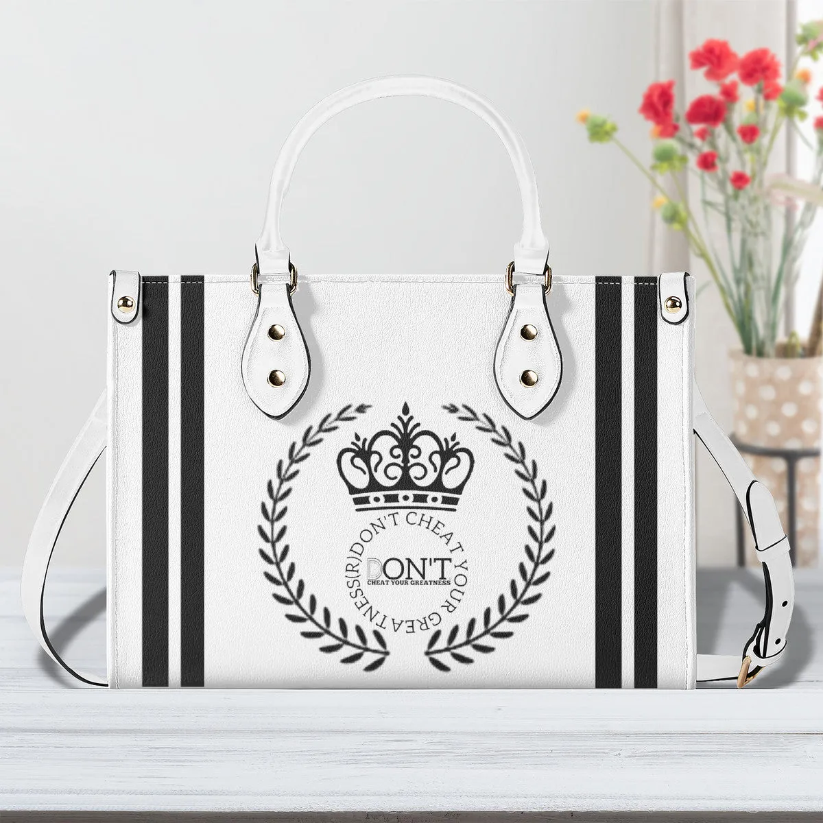 Royalty 24  Black Logo ,Stripes & White Multiple Sizes Upgraded Luxury Women PU Leather Handbag
