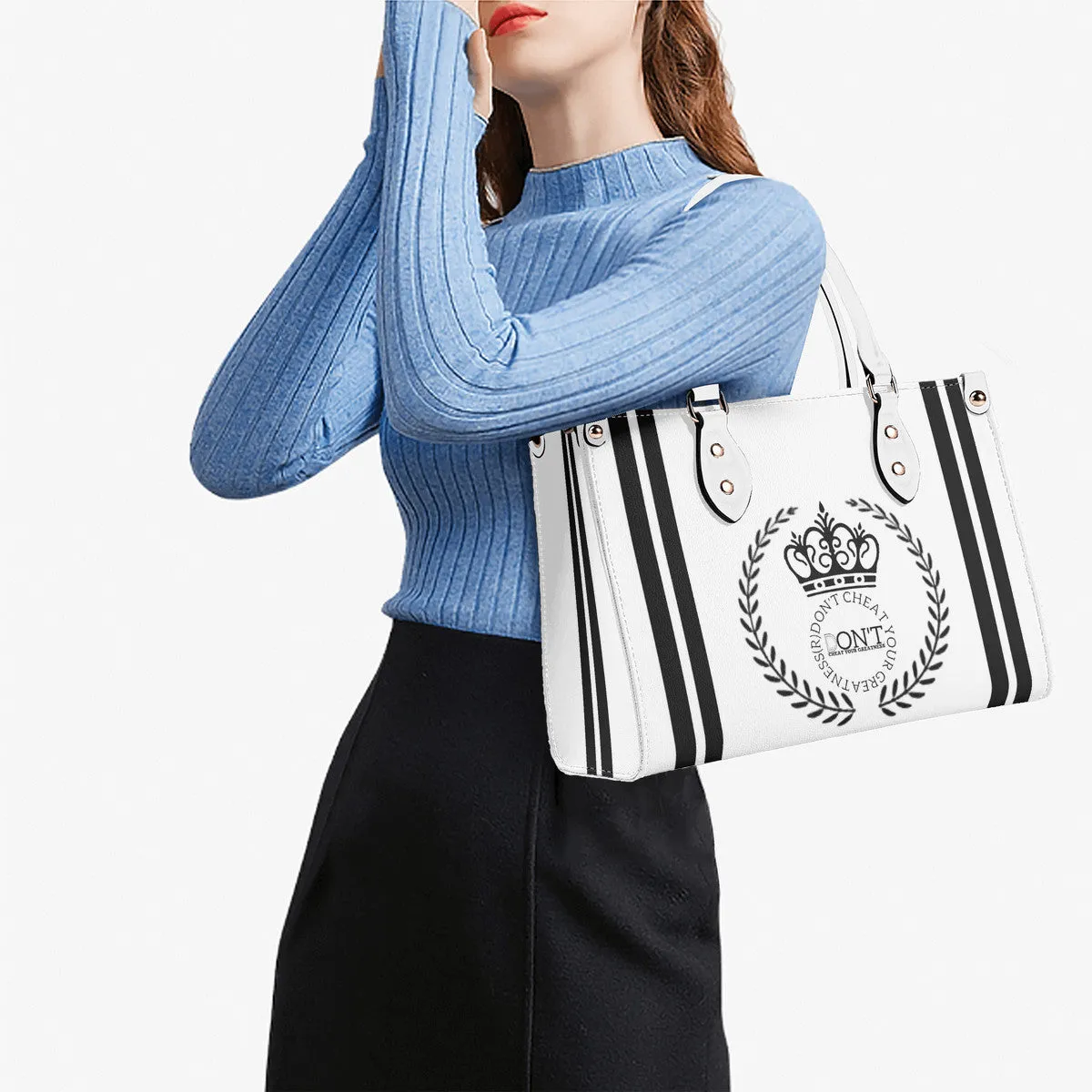 Royalty 24  Black Logo ,Stripes & White Multiple Sizes Upgraded Luxury Women PU Leather Handbag
