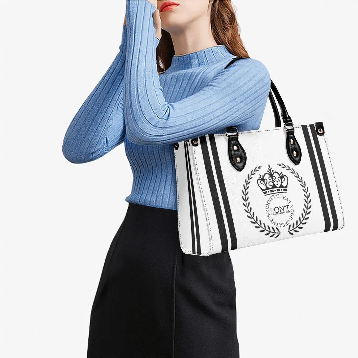 Royalty 24  Black Logo ,Stripes & White Multiple Sizes Upgraded Luxury Women PU Leather Handbag