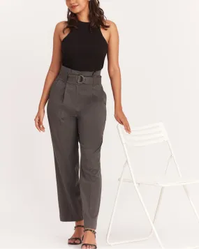 Straight Fit High Waist Pleated Paperbag Trousers - Grey