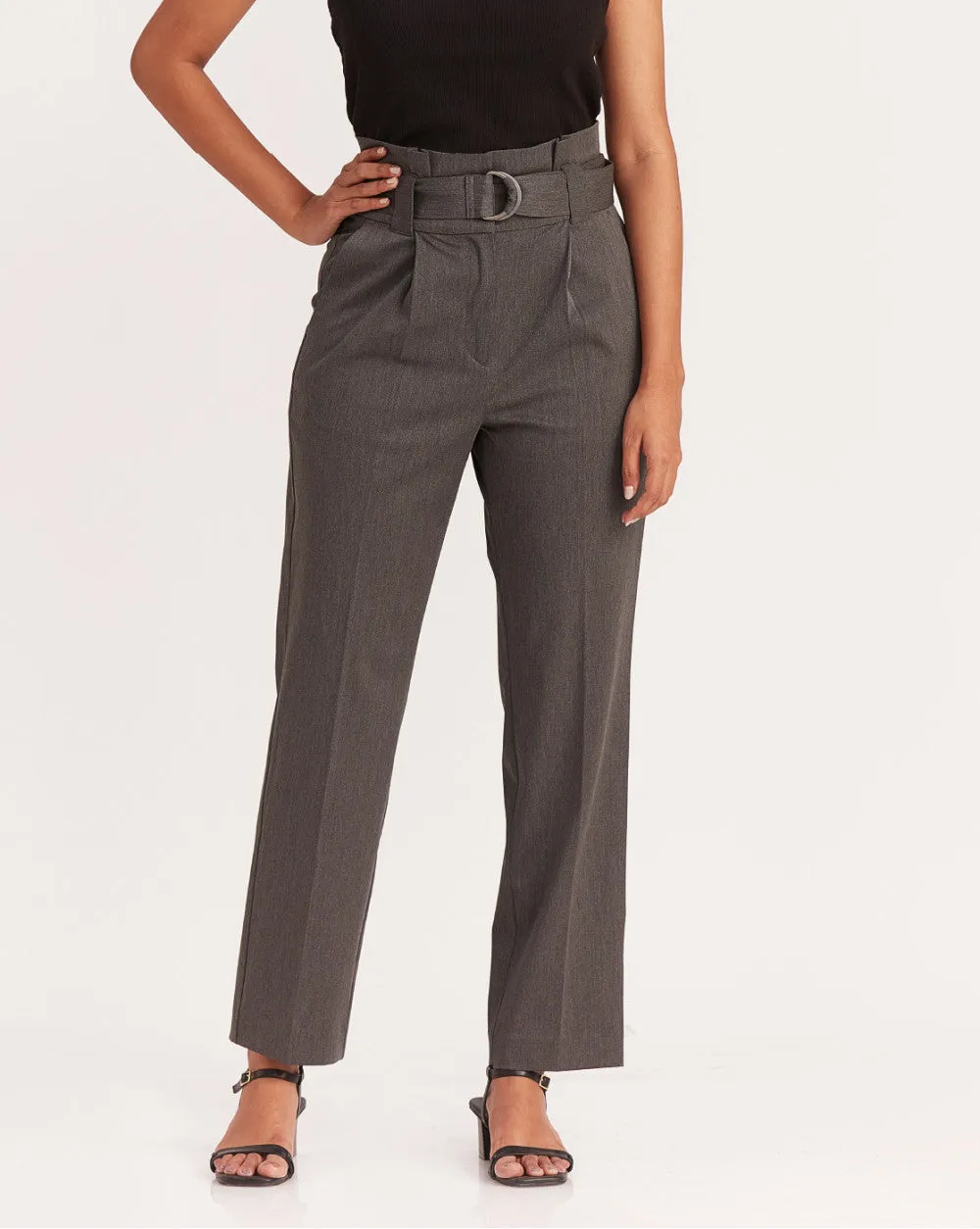 Straight Fit High Waist Pleated Paperbag Trousers - Grey