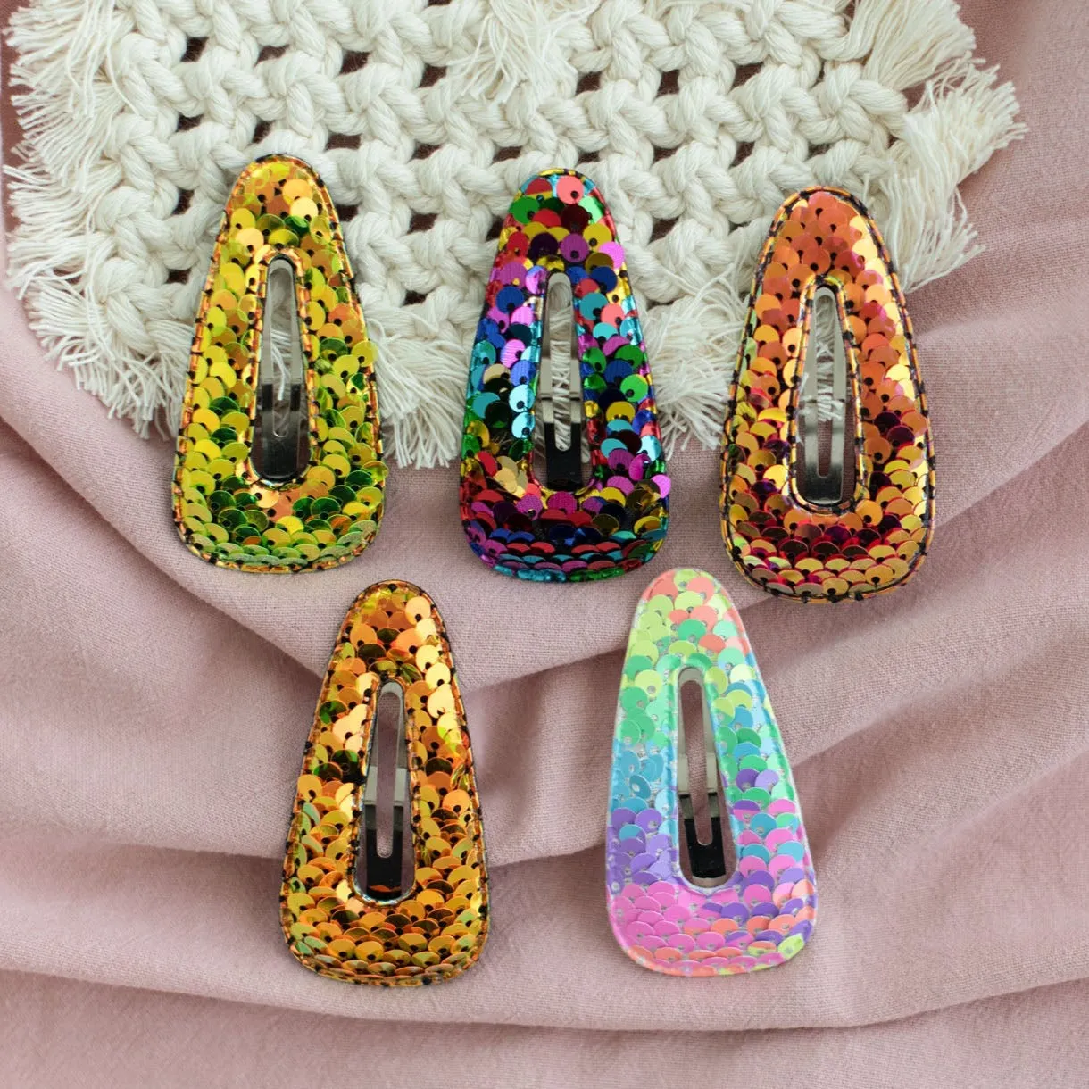 Summer Crystal 2.75 Inch Sparkling Sequins Barrettes Metal Snap Hair Clips - Pack of 10