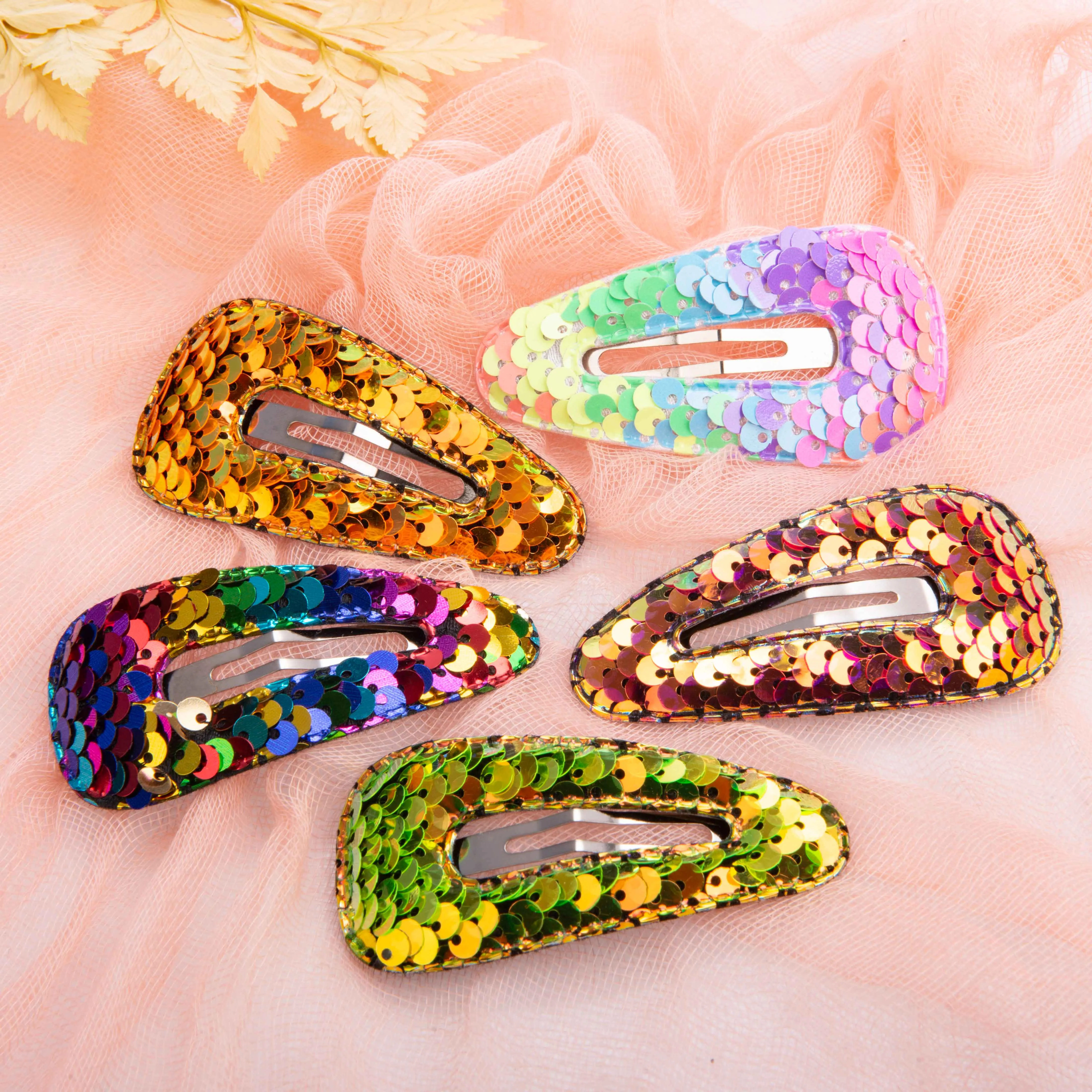 Summer Crystal 2.75 Inch Sparkling Sequins Barrettes Metal Snap Hair Clips - Pack of 10