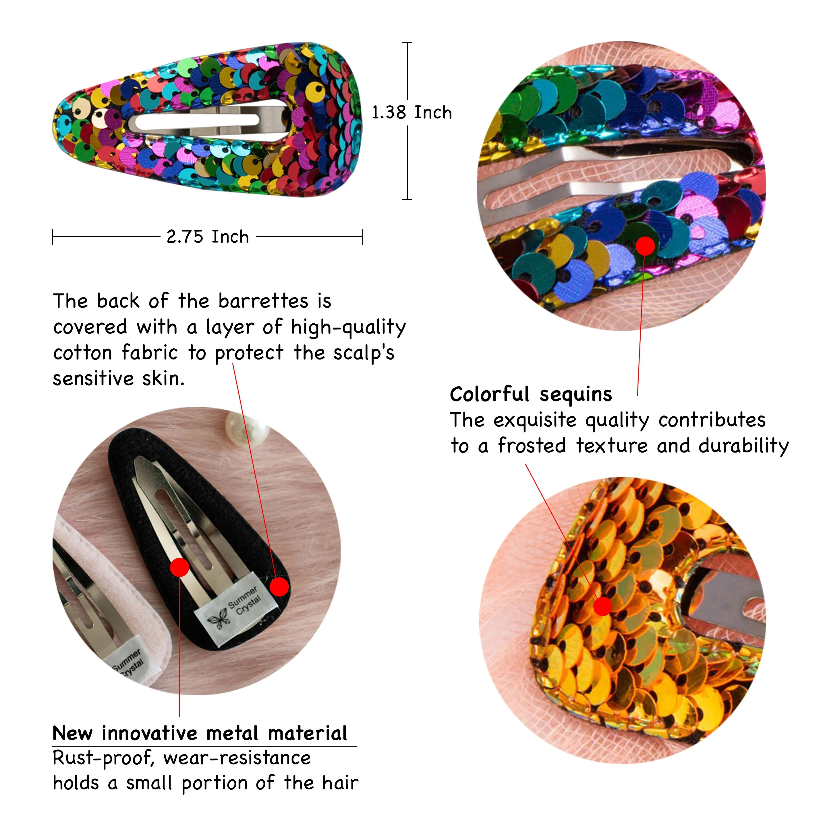 Summer Crystal 2.75 Inch Sparkling Sequins Barrettes Metal Snap Hair Clips - Pack of 10