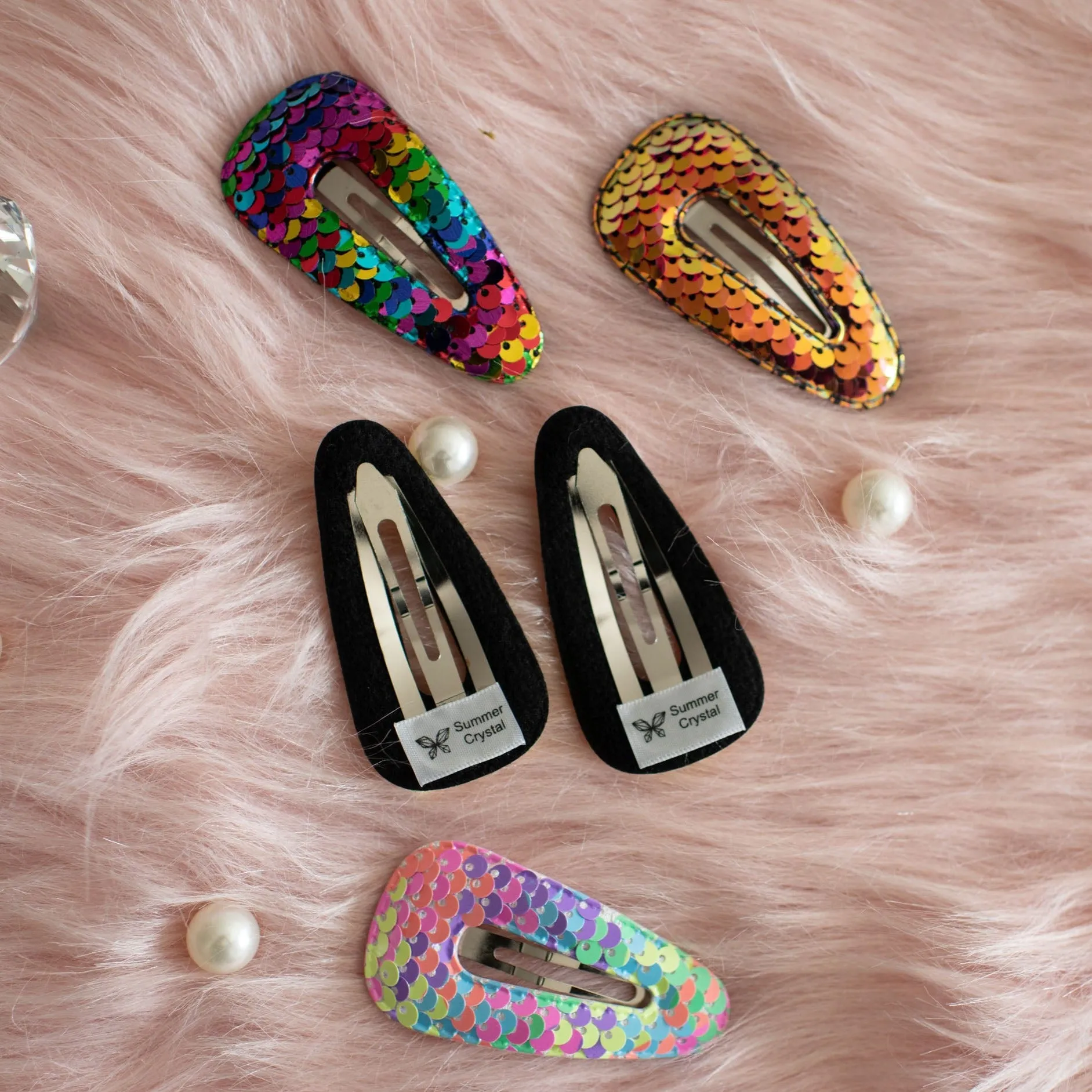 Summer Crystal 2.75 Inch Sparkling Sequins Barrettes Metal Snap Hair Clips - Pack of 10